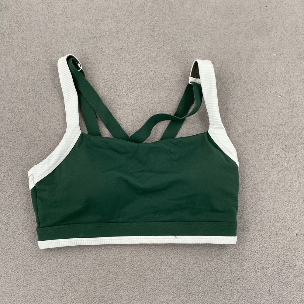 Zyia Active Green White Ribbed Trim Criss Cross Back Sports Bra